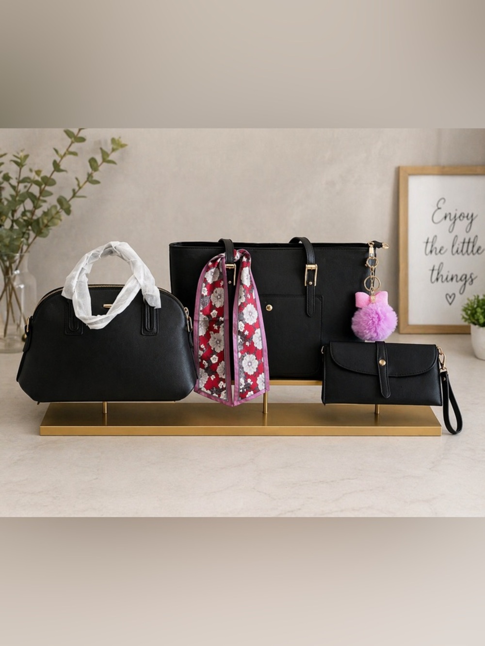 Classic Black 3-Piece Women's Handbag Set with detachable crossbody strap
